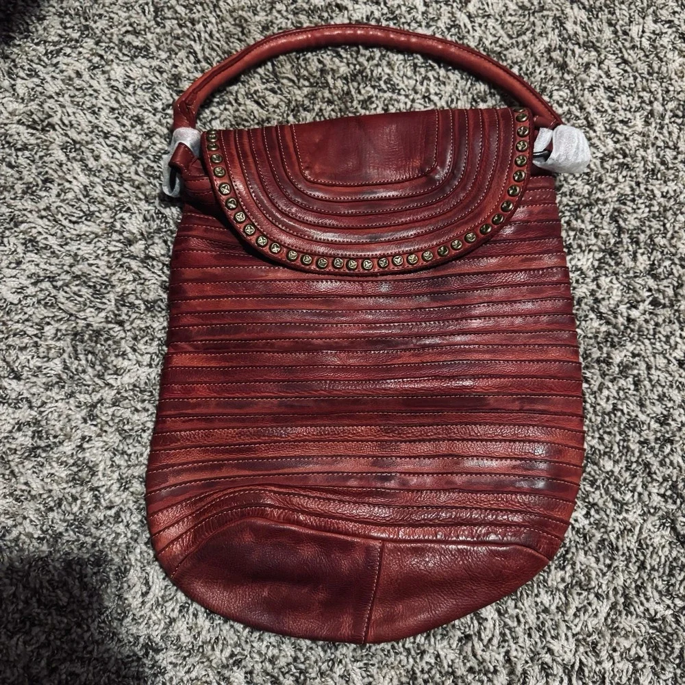 Never Mind! Genuine Leather Patchwork Studded Hobo Shoulder Bag Burgundy Large